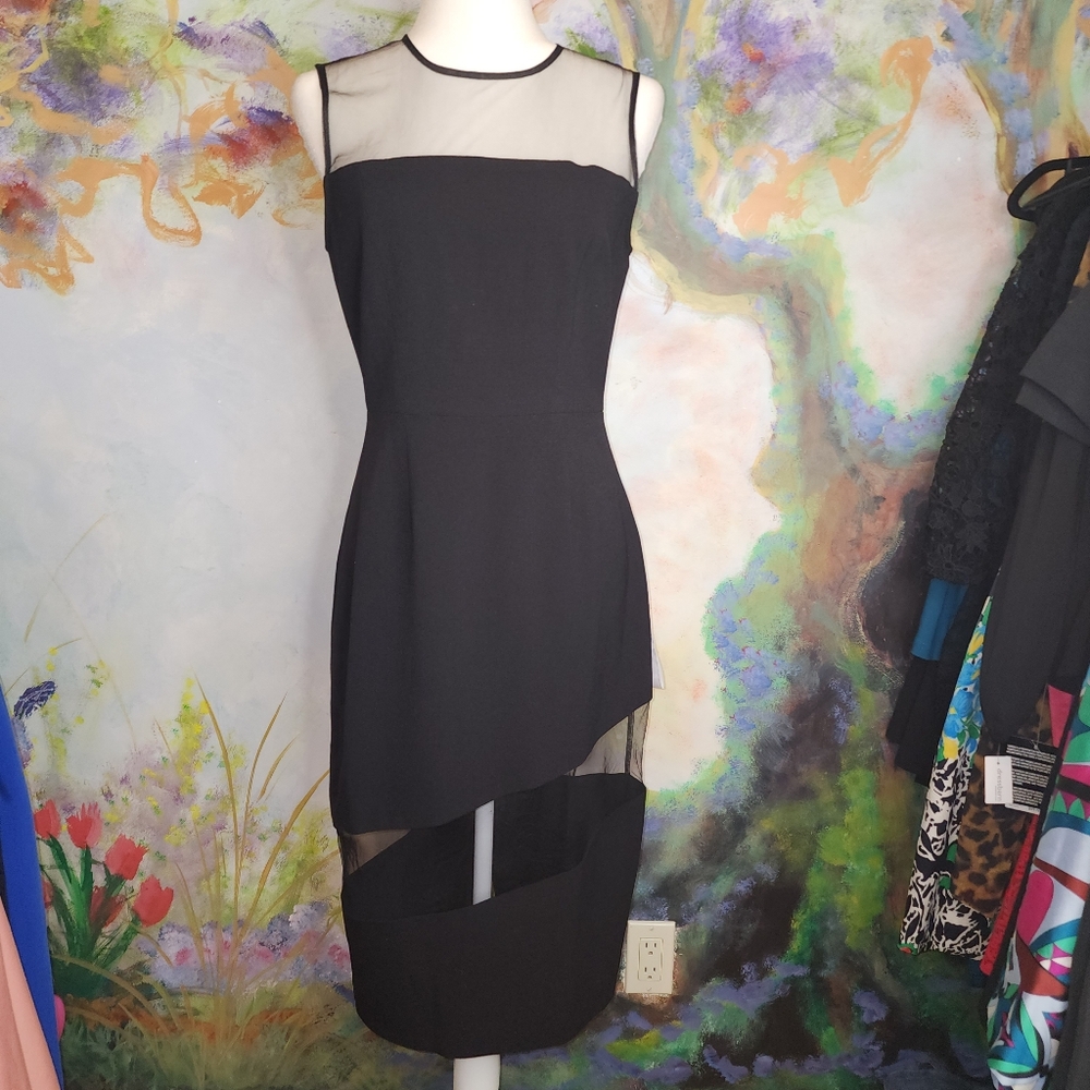 NWT Dress the Population Black Sheath Midi Dress with Mesh Panels
